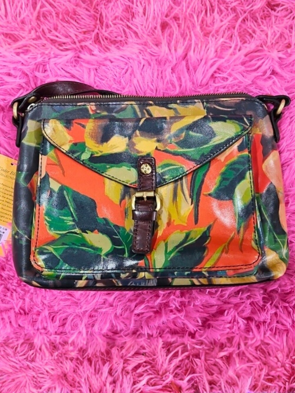 Patricia Nash Avellino Leather Winter Bloom Print Front Pocket Crossbody New